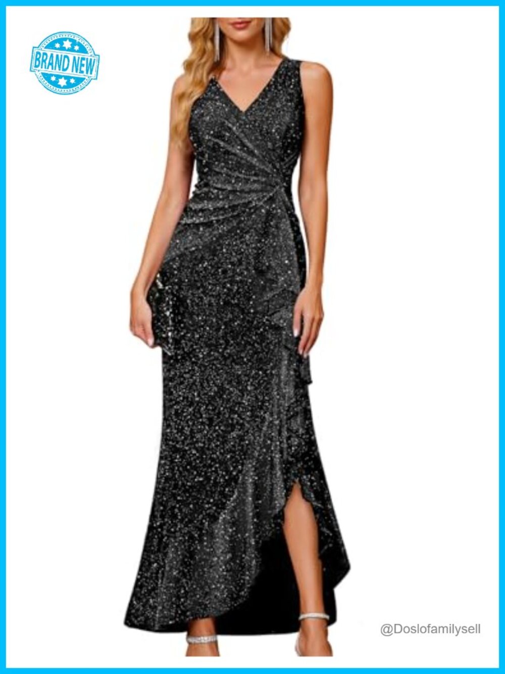 Sequin Formal Long Ruffle Dress Party Wedding Cocktail Gown